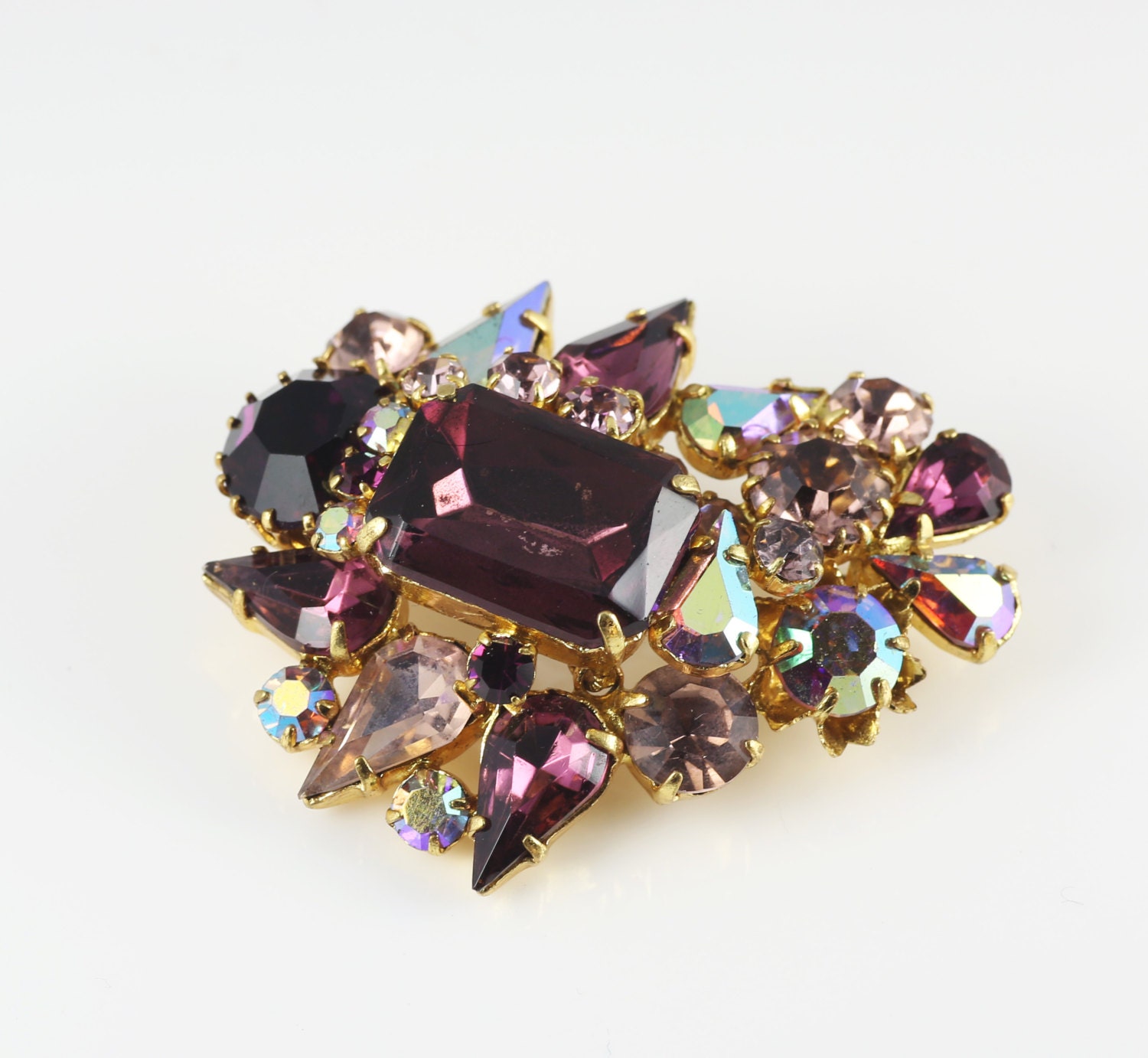 Austrian Gilt Brooch, Vintage, Amethyst Toned