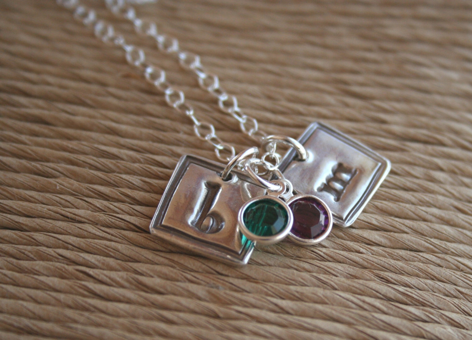 Rustic Silver Necklace Collection - Framed Petite Initals with Birthstones