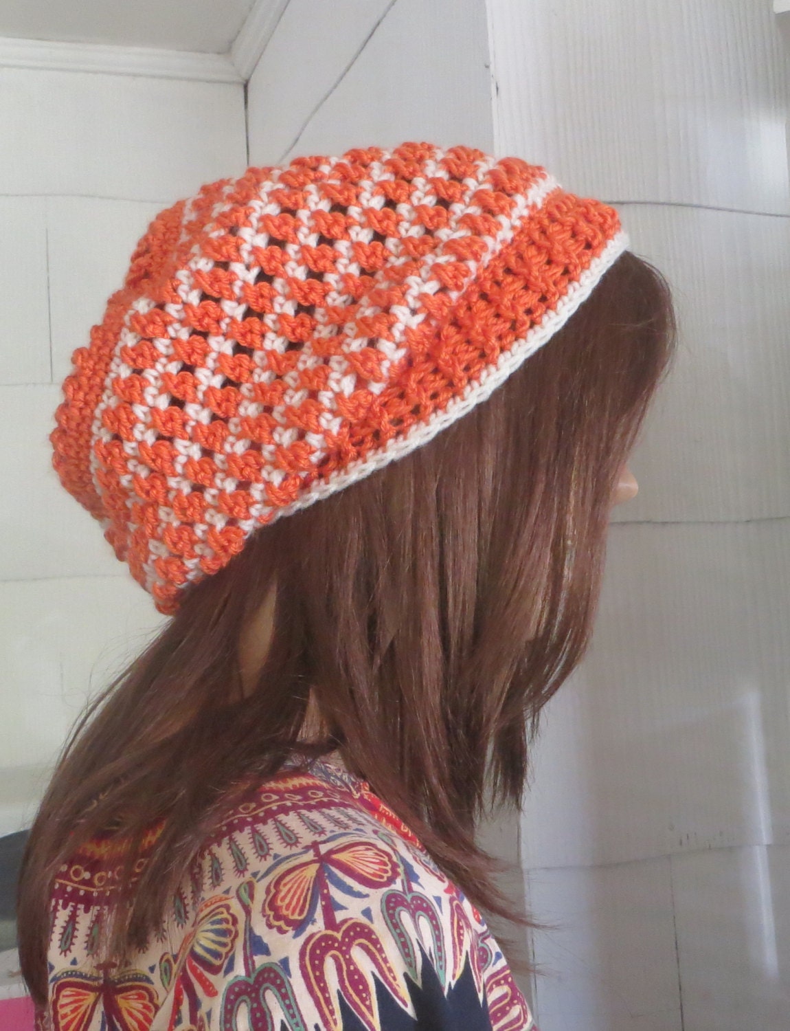 Crochet Rasta Hippie Beret - Dreadlocks - Slouchy Hat - Dread Hat - Orange and Soft White