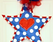 Patriotic Fourth of July Memorial Day Star Burlap Door Hanger Decoration HUGE 2 ft  - Military Summer Polka Dots