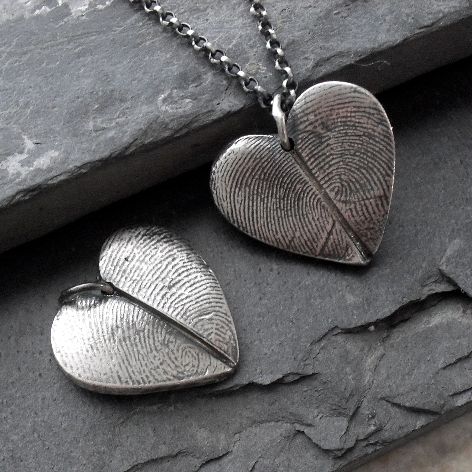 Heart Fingerprint Necklace with Two Adult Fingerprints - Fine Silver on Sterling Chain - Made to Order