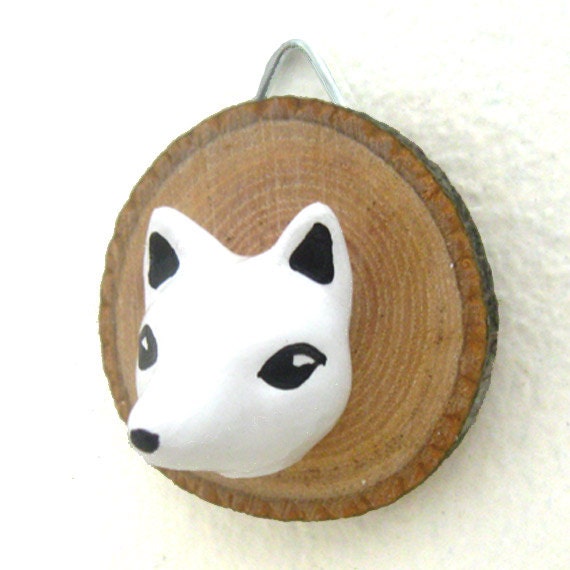 Handmade Chalkware Fox Head - Wall Hanging on Wood Slice - Faux Taxidermy Wall Decor