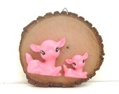 ON SALE Handmade Chalkware Deer Mother and Child Wall Hanging on Wood Slice Wall Decor