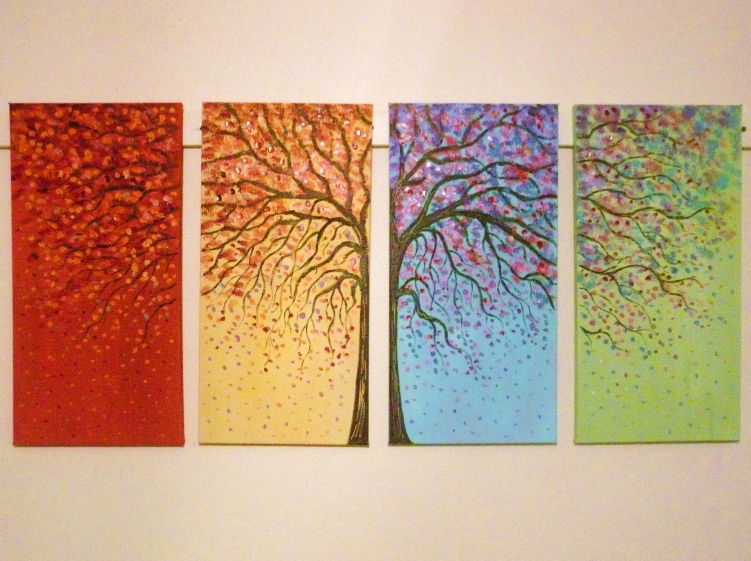 Commission order large original  tree oil painting - rust red, blue , green, yellow 4 canvas set 48 x 24 by Vadal