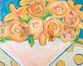 Yellow flowers on blue background with polka dots painting on canvas