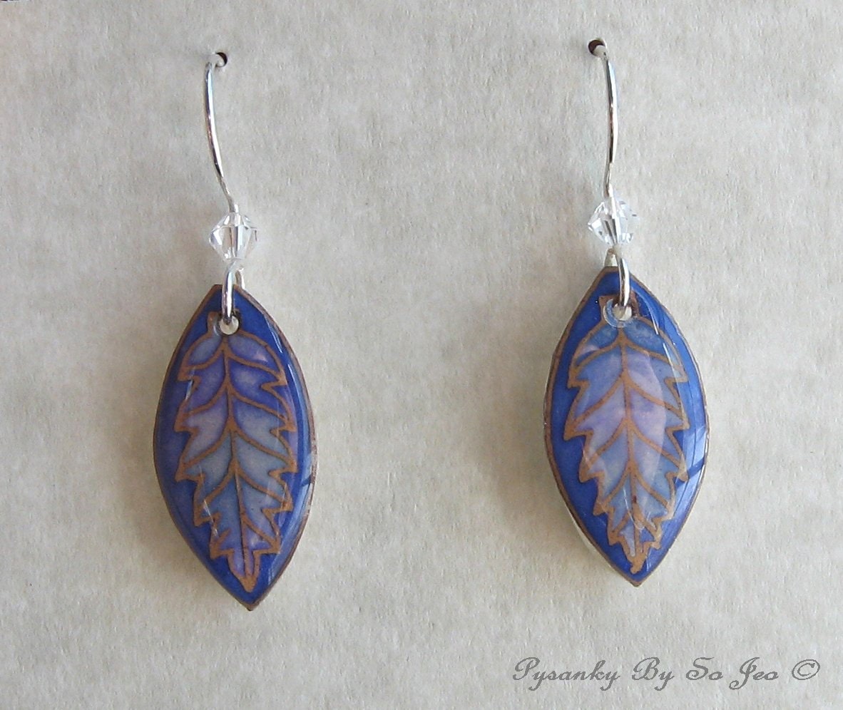 Eco Shades of Purple Leaf  Pysanky Batik Egg Shell Earrings