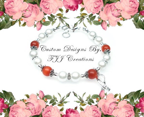 ORANGE - White Glass Pearl - Awareness Bracelet Support Jewelry Gift - Kidney Cancer, Leukemia, Multiple Sclerosis, RSD, Self Injury