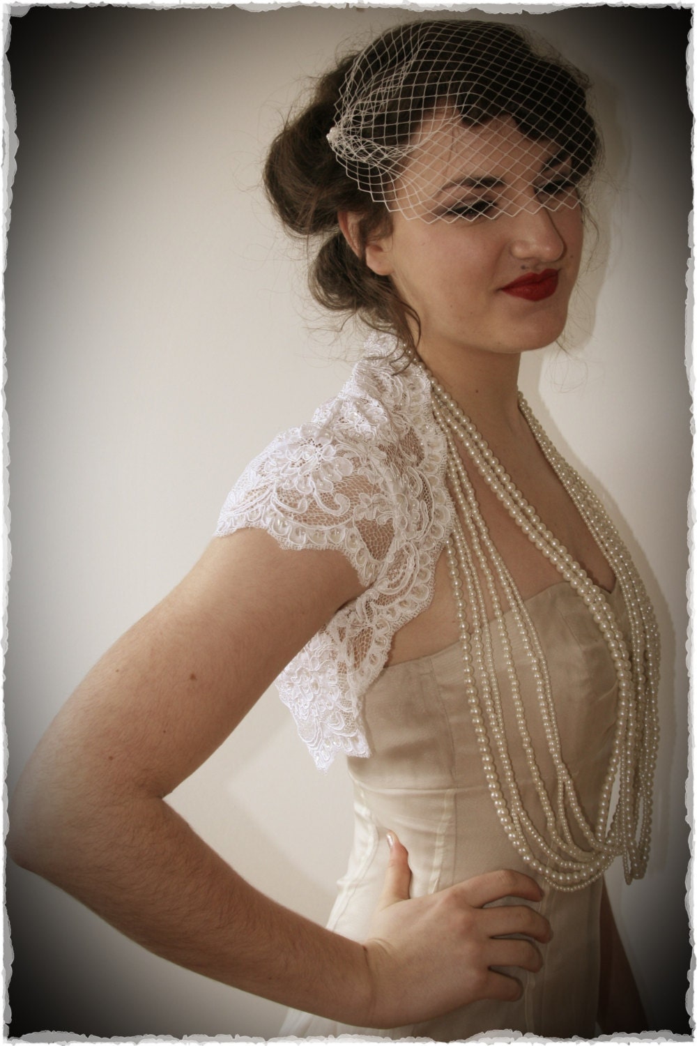 French Alechon Lace Bridal Shrug - Vintage Inspired Wedding Lace Bolero in White