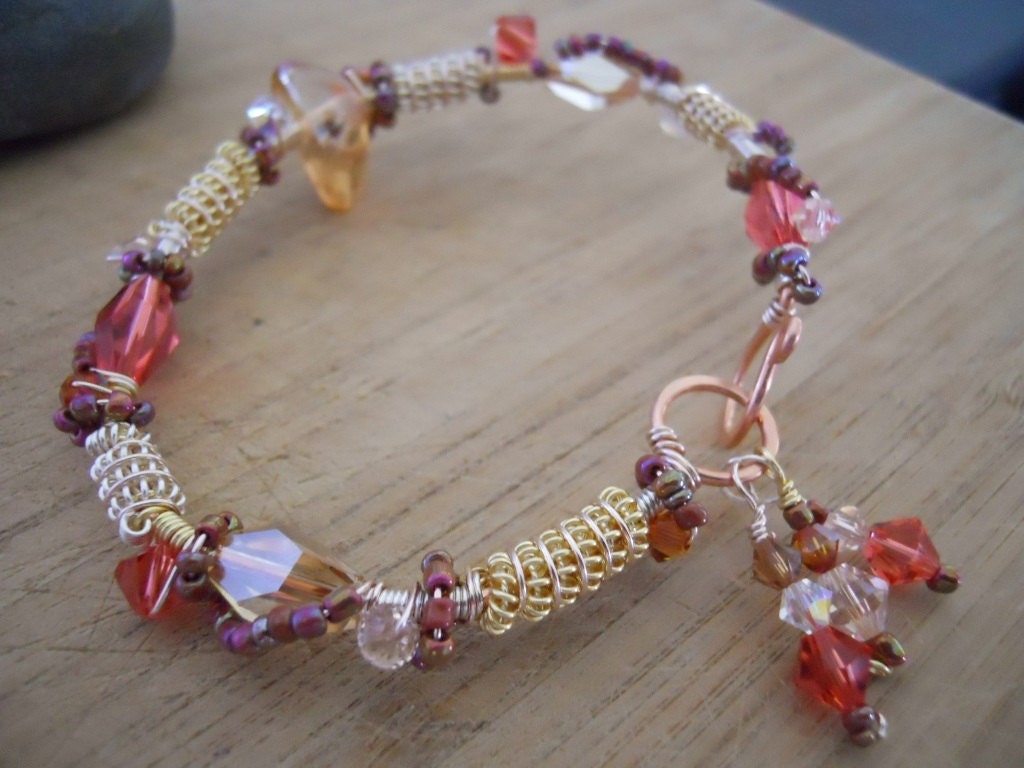 Golden Mauve Swarovski Crystal Wire Wrapped with Copper wire Gold Rose and Silver Parawire