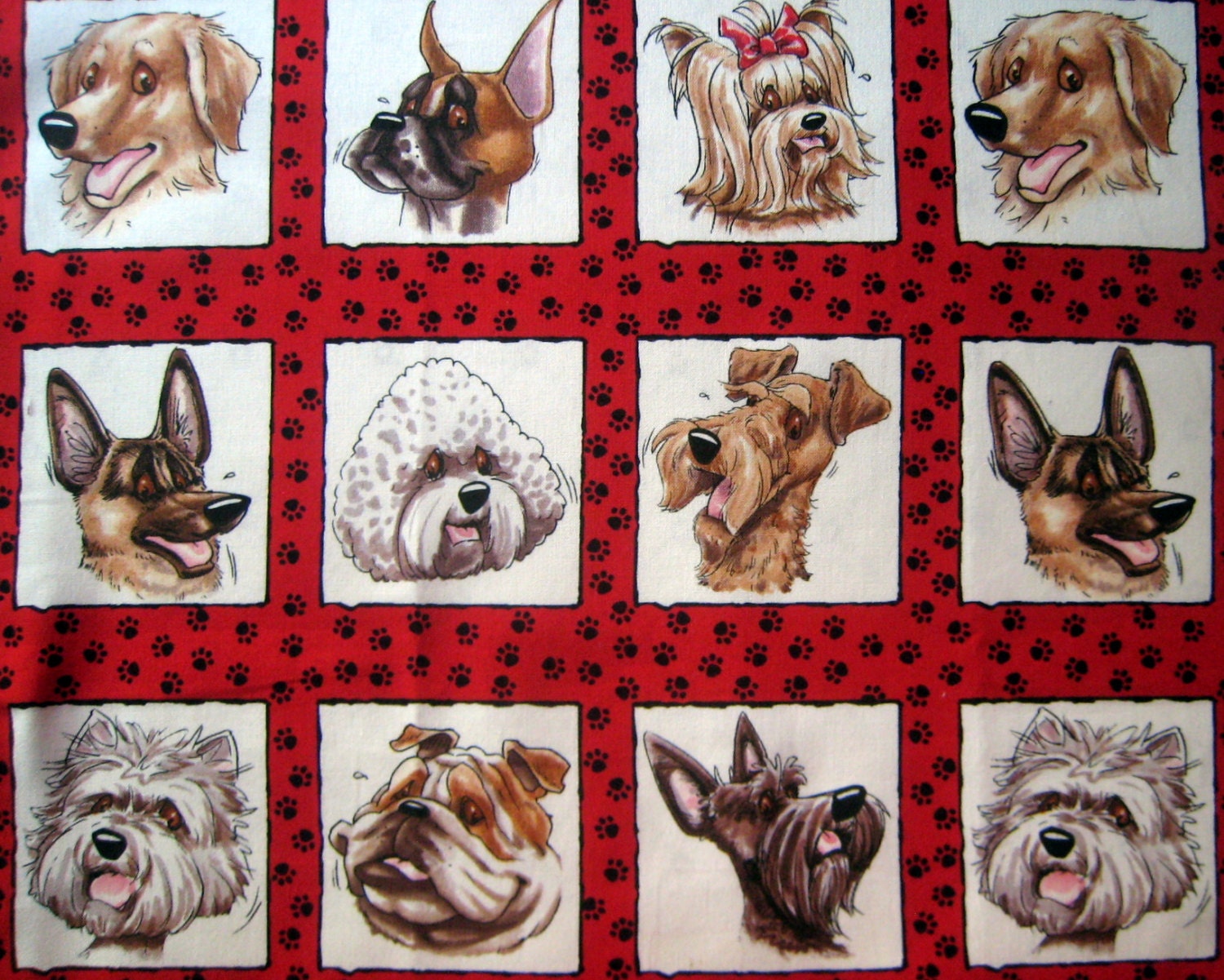 Doggy SquaresCotton Fabric 1/2 yard units - Sewing Quilting - Destash quilt blocks red cream black - timeless treasures