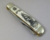 Scrimshaw Mini Trapper Nautical Pocket Knife,  ship and compass rose