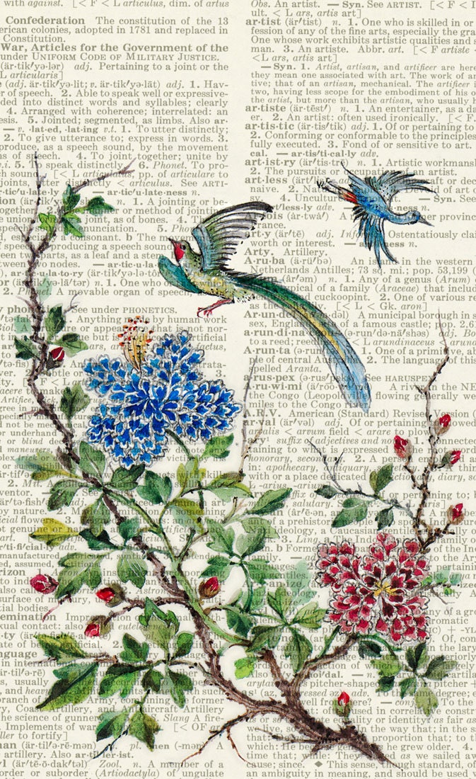 17th century bird painting reproduction - printed on page from vintage dictionary