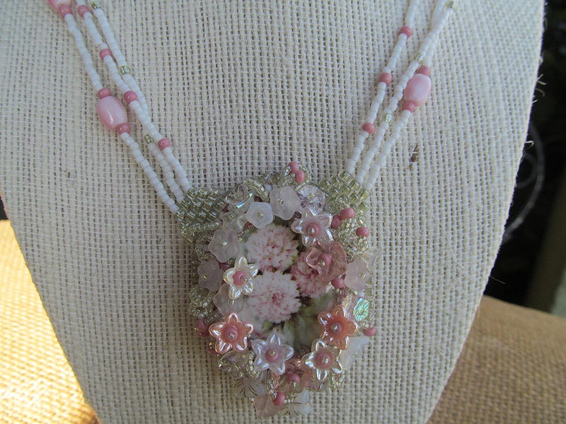 SALE Beadwoven Wedding Cabochon Necklace Pink Carnations