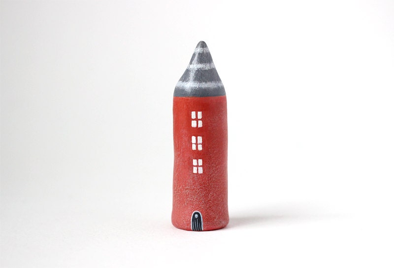 SALE - Little Home No 80 - Little rust red house with gray roof and white stripes