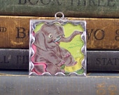 Soldered Pendant Glass Charm Mr Elephant with Vintage Illustration