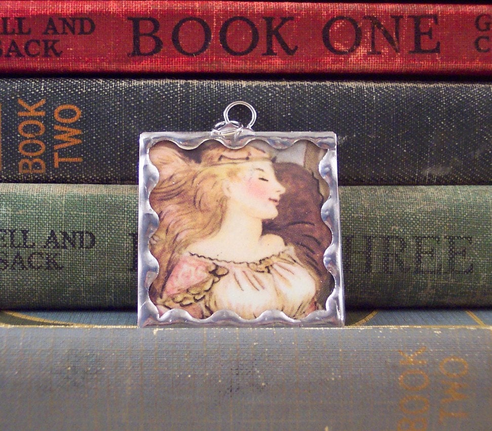 Soldered Glass Charm Pendant Sleeping Beauty with Vintage Tasha Tudor Illustration