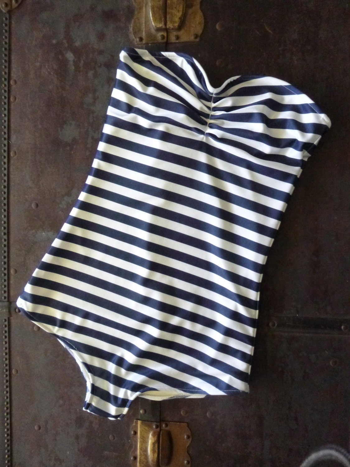 Navy and white stripe Strapless retro one piece swimsuit sizes xs-xl made to order