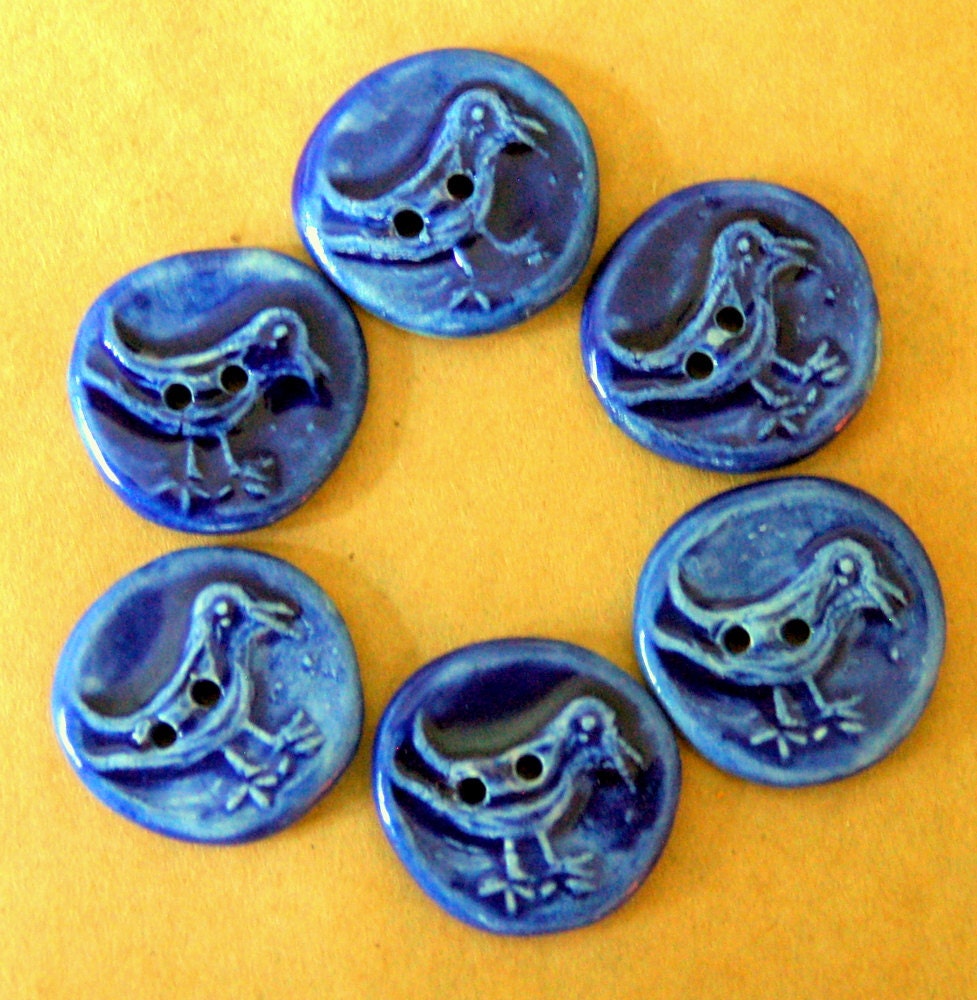 6 Handmade Porcelain Bird Buttons - Ceramic Blue Bird Buttons