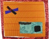 1.19.2013 small art quilt, contemporary, abstract, textile drawing, haiku, orange, yellow, purple, aqua, black, red, coral, sleep