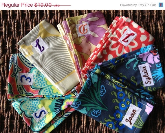 25% OFF Bridal Sale Custom Embroidered Monogram Tea Napkin Towel Hanki's with Choice of Fabric Red, Blue, Black, Purple
