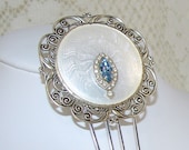 Bridal Hair Accessories White Guilloche Enamel Comb Something Blue Rhinestone Wedding Hairpiece Victorian