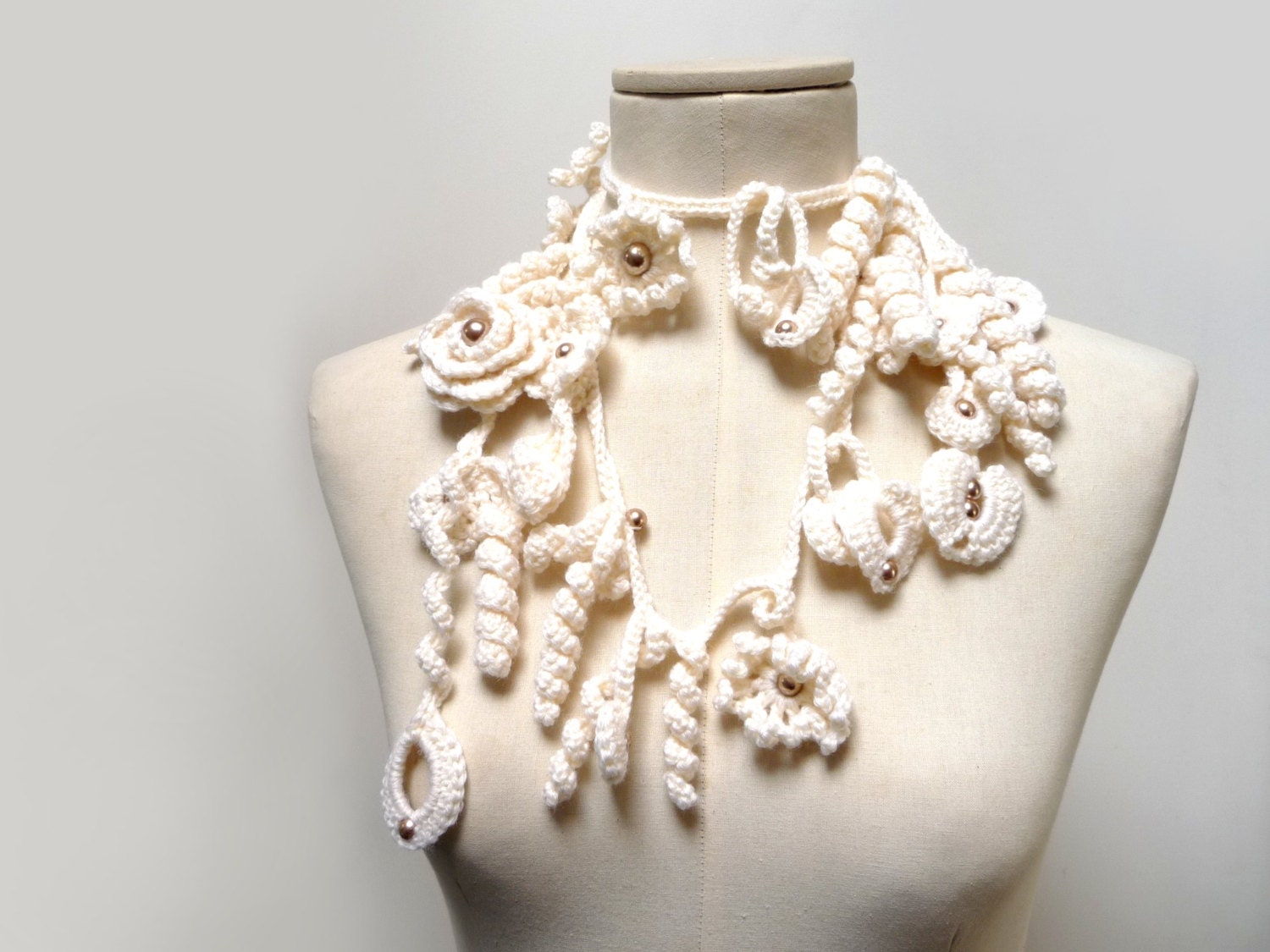 Crochet Lariat Necklace - Freeform Scarflette - Cream White Flowers and Leaves with Light Brown Glass Pearls - ZOE
