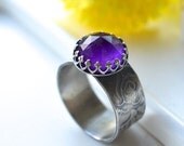 ON SALE Cocktail,Ring,Textured, Wide Band, Art Jewelry, Amethyst, Oxidized, Silver, Rustic, Metalsmith, Textured, Embossed Ring