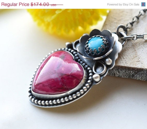 ON SALE Mulberry Necklace in Oxidized Recycled Silver, Heart Pendant, Botanical Metalwork, Turquoise, Gift for Mom, Gift for a Friend, Hand