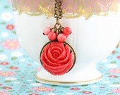 Coral Red Floral Necklace, Flower Pendant With Beaded Coral Cluster on Brass Chain