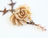 Statement Necklace, Latte Brown Rose Necklace With Brass Swallows and Swarovski Crystals on a Brass Chain