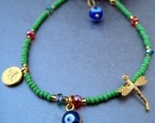 Zen Girly Green Pistachio /Gold Story lucky Charm Medal Bracelet  Beaded-Amulet- Green Turkish Evil Eye dragonfly charm Bracelet