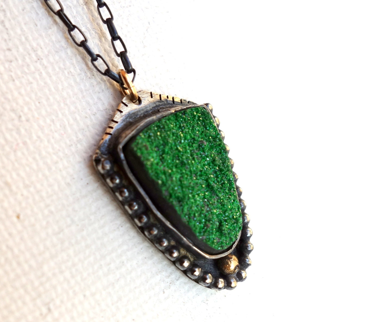 Handmade Sculptural Green Uvarovite Necklace in Sterling Silver with 14k gold pebble