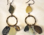 Repurposed vintage gemstone green, brown and cream long gypsy earrings