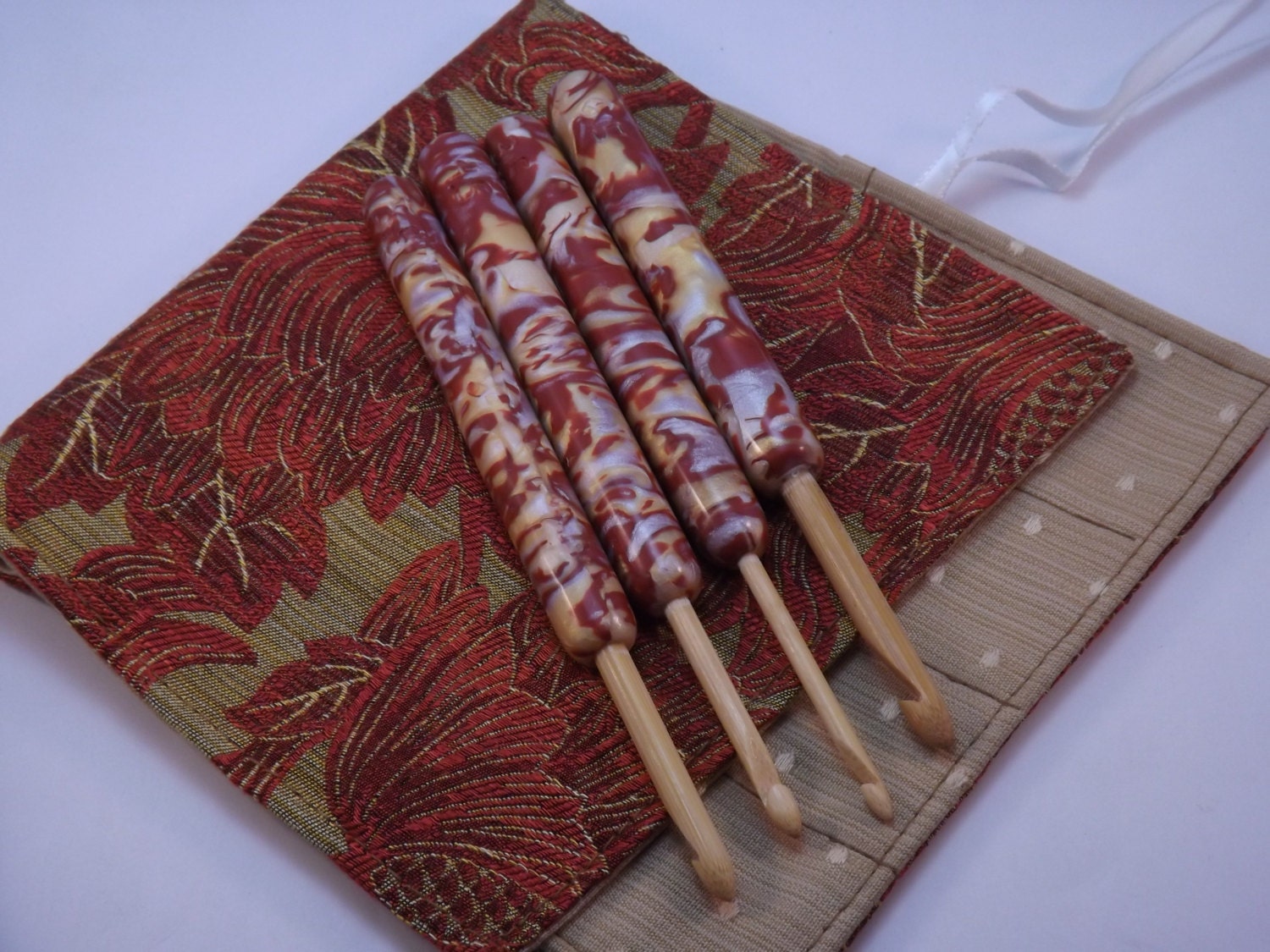Handcrafted Polymer Clay Covered Bamboo Crochet Hook Set with Matching Hook Roll Holder