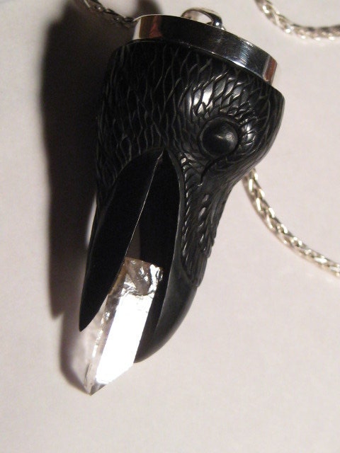 Carved Jet Raven Head with Crystal..... Sterling Cap and Sterling Chain ......... e444