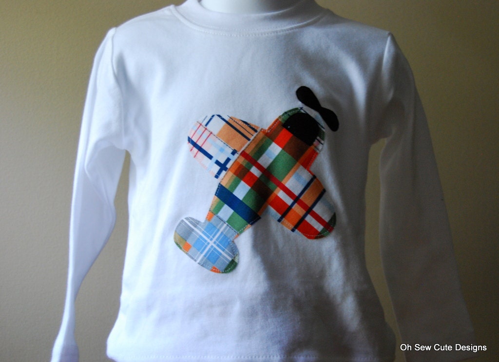 Cute Plaid Airplane Appliqued Tee or Onesie