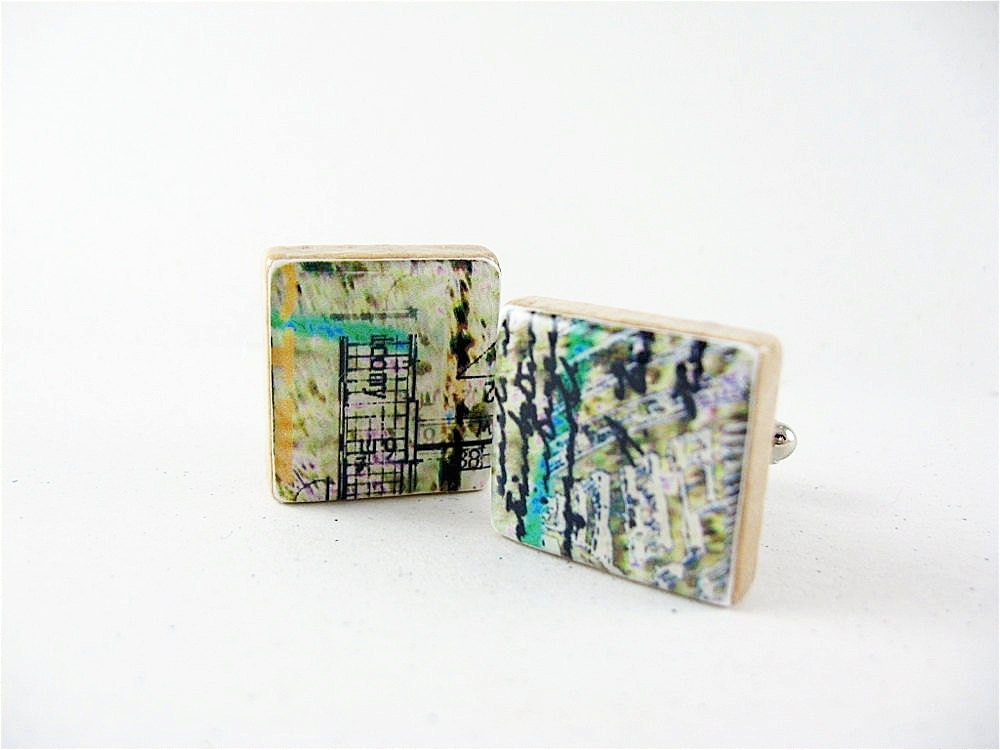 Handmade Cufflinks for men / Computer Abstract Lines, green and white / using vintage Scrabble wood tiles / ready to ship