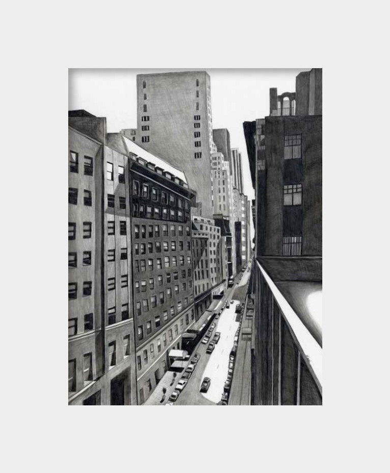 Deep new york city street art print from original pencil drawing black white gray cityscape 8.5 x 11