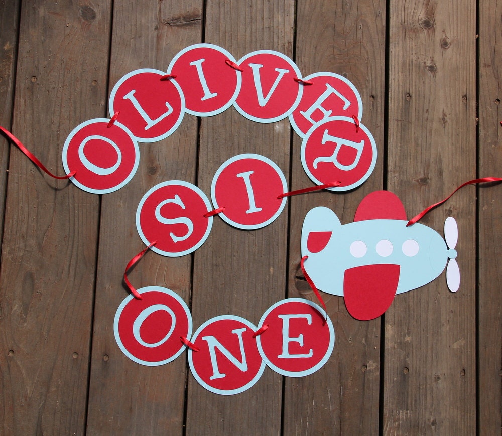 Airplane First Birthday Banner-- Red and Light Blue-- Custom colors Available