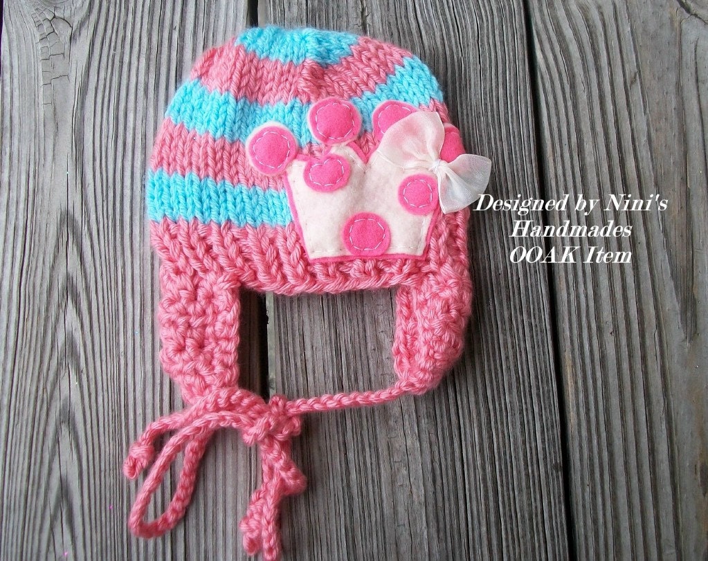 CLEARANCE- OOAK 0-3 months size is Ready to Ship- Chunky Princess Crown Earflap baby Beanie, Baby Hat,   gift,  childrens clothing