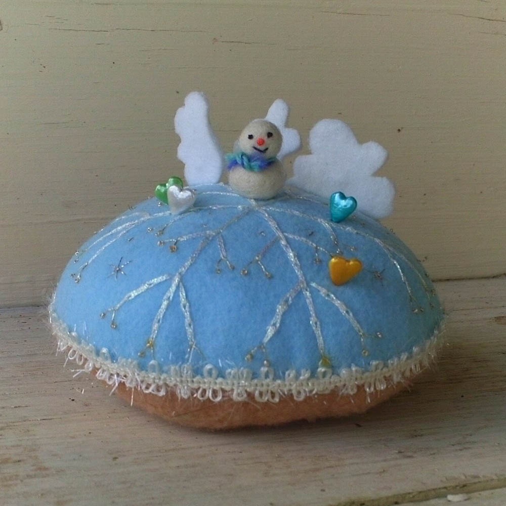 Blue Felt Snowman Pincushion