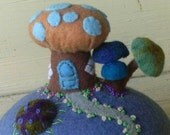 Blue Mushroom House Pincushion