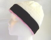 Hand knit hat black white pink ski cap watch cap beanie skullcap