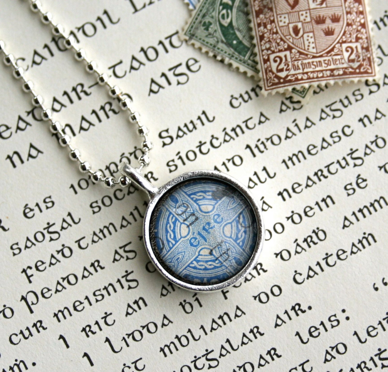 Irish Necklace Celtic Cross - Postage Stamp from Ireland Necklace - Postage Necklace for St Patricks Day