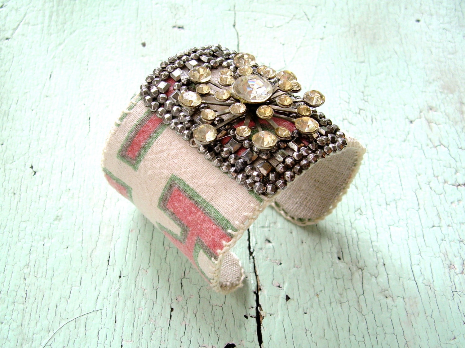 Cuff Bracelet - Grain Sack and Rhinestones