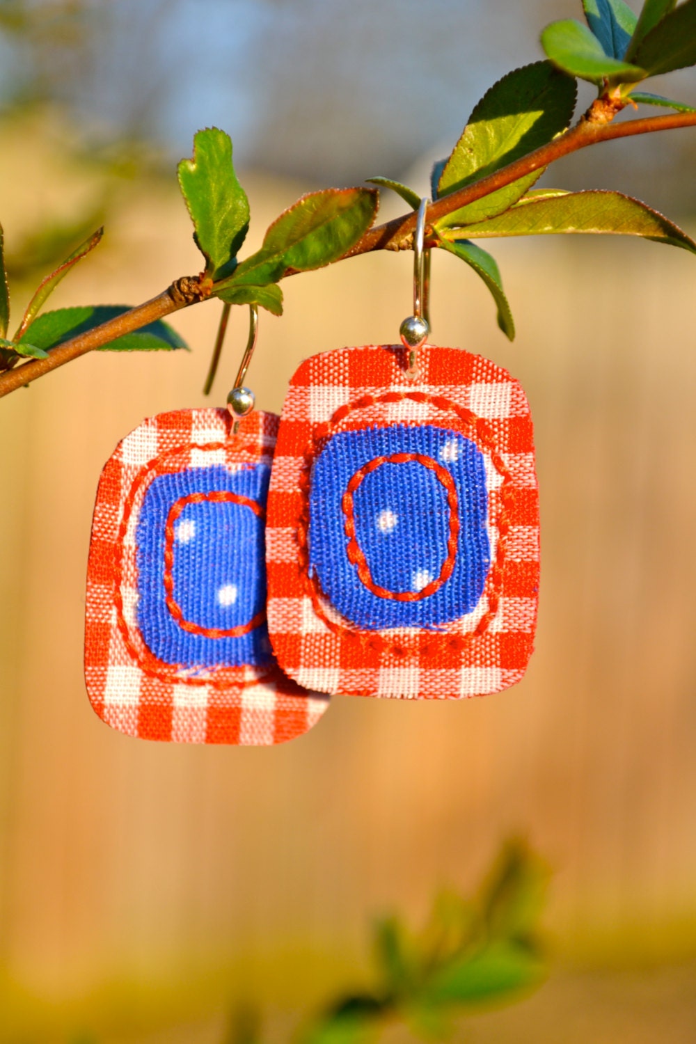 picnic fiber art earrings, red textile art earrings