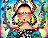 Frida Kahlo Mexican Girl Art Print, ACEO ATC Day of the Dead Artist Trading Card, W/ Black Cat, Illustration Watercolor Pink Turquoise Blue