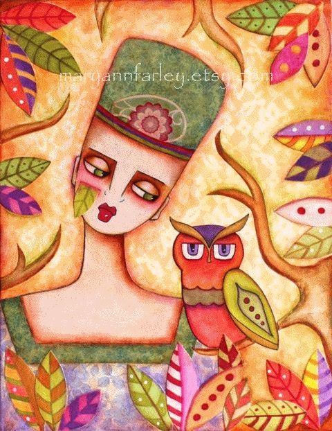 ACEO ATC Owl Artist Trading Card, Owl Art Print, Whimsical Storybook Woodland Art Print, Woman Girl and Owl Watercolor Print, Orange Yellow