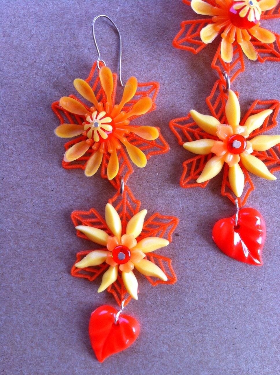 PLASTIC EARRINGS ORANGE yellow - One of A Kind Handmade Flower Earrings no.105