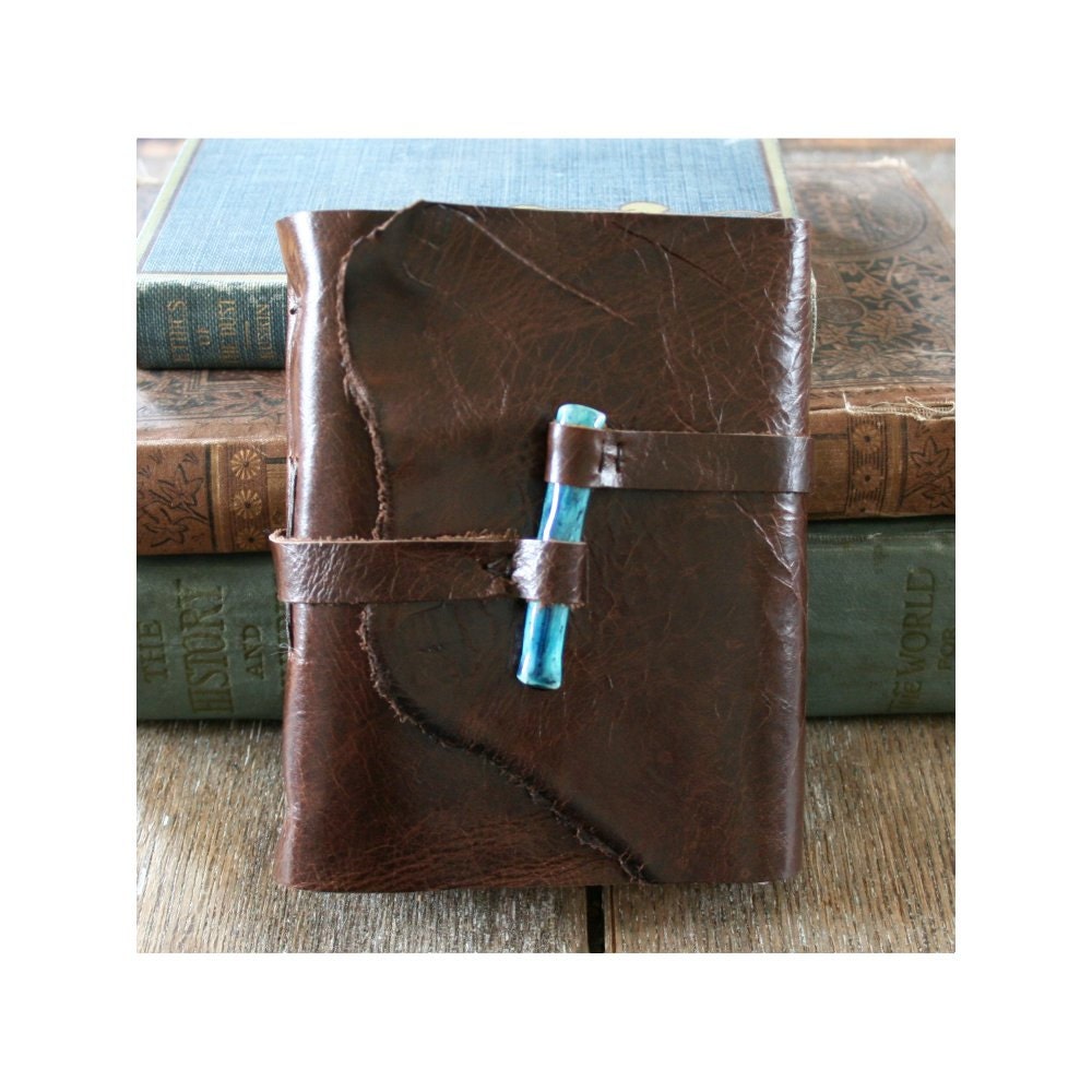 Leather Journal . Handmade  Handbound . dark brown with handmade ceramic turquoise peg (320 pgs)